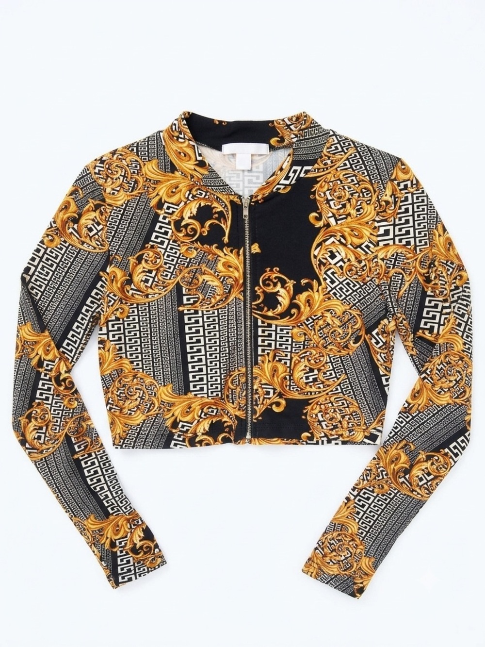 Revamped Baroque Print Cropped Zip Jacket Sweater
